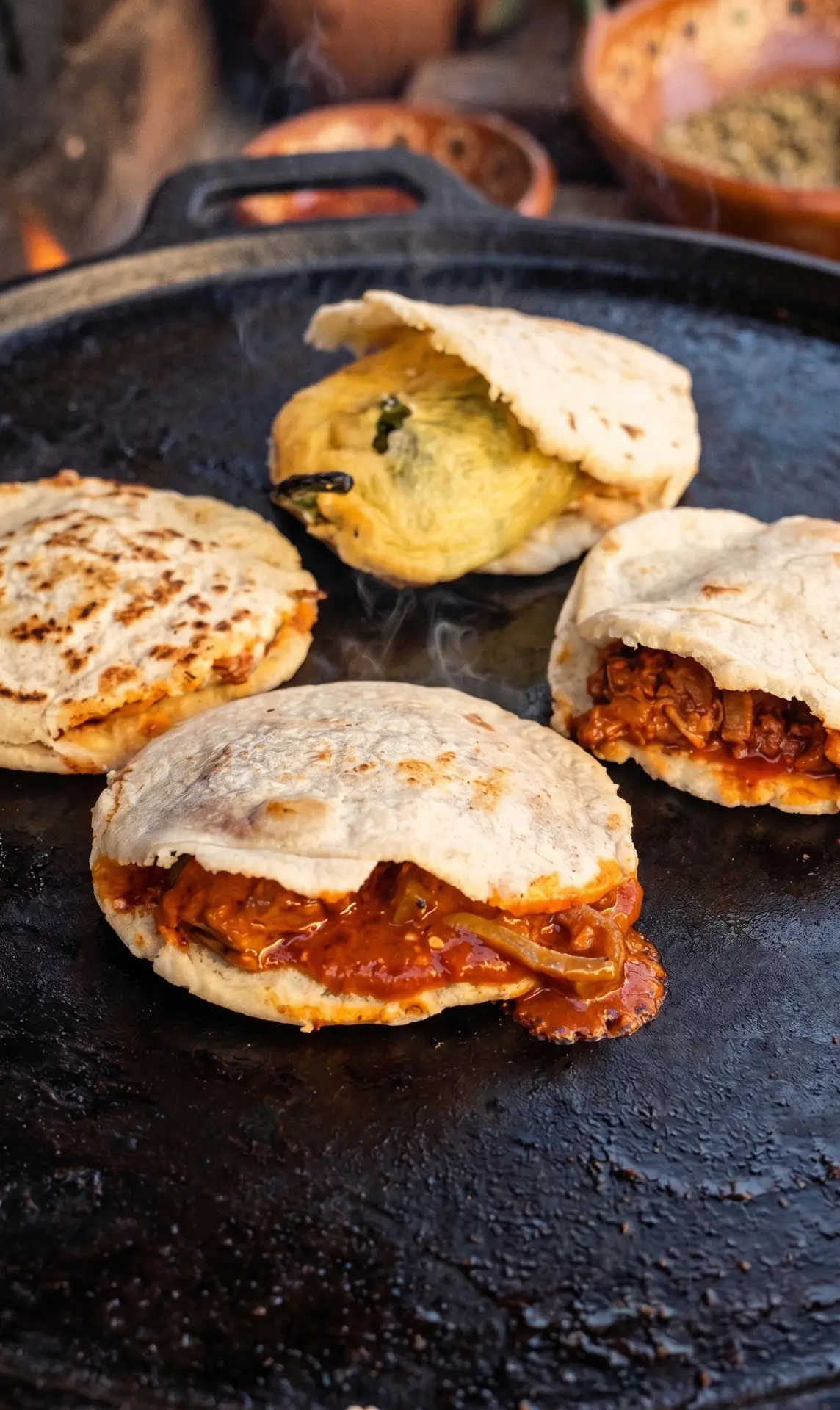 Gorditas rellenas dorándose en el comal
